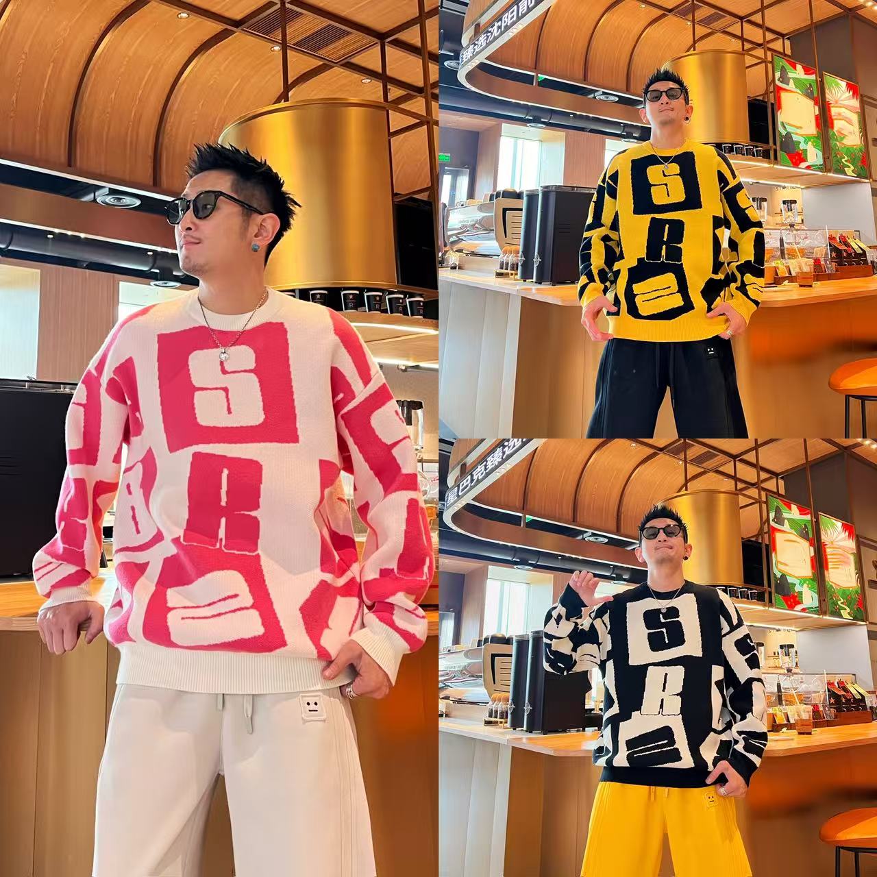 冬季新款时尚潮流百搭休闲圆领套头长袖个性字母宽松男款针织毛衣