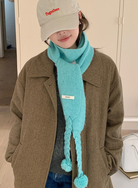 少见蓝绿色韩代同款甜美少女麻花球球围巾女2025新款柔软保暖围脖