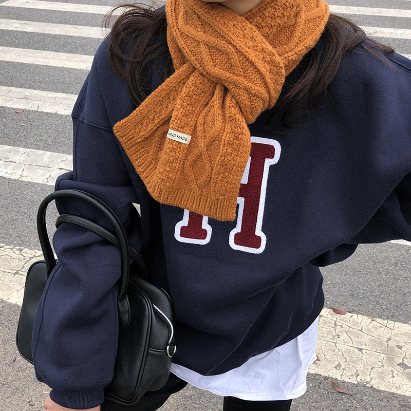 秋日南瓜色日系复古风麻花毛线围巾冬季保暖柔软加厚学生情侣围脖