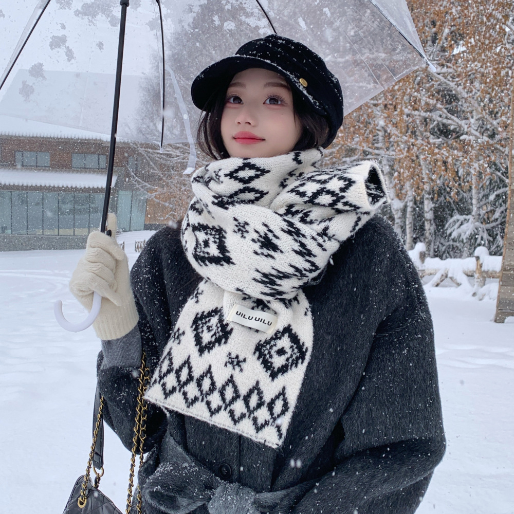 日系经典款黑白提花双面毛线围巾下雪天氛围感加厚保暖披肩围脖冬