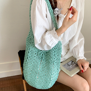小众设计夏日度假清新薄荷绿托特包2025新款手工草编大容量单肩包