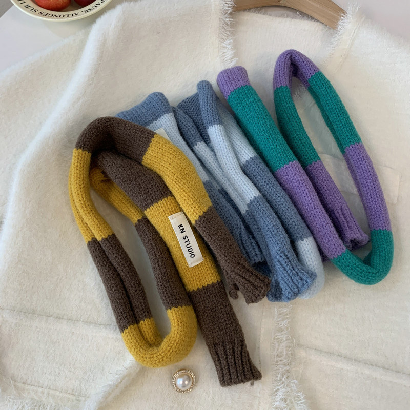 秋冬搭配好物 小众彩色拼接条纹腊肠细围巾凹造型时髦针织围脖女