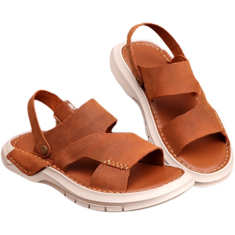 SANDALS MENS SUMMER NON-SLIP SOFT-SOLED GENUINE LEATHER THICK-SOLED ULTRALIGHT BEACH SHOES HAND-SEWN COWHIDE DUAL-PURPOSE LEATHER SANDALS