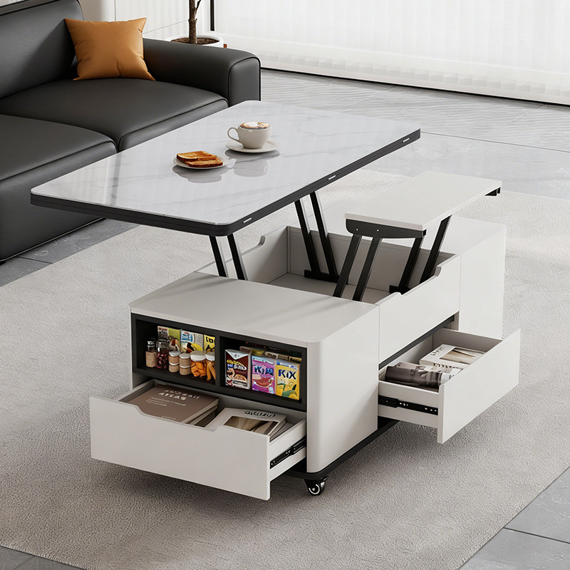 实木升降茶几客厅家用小户型多功能现代可移动储物岩板茶几带凳