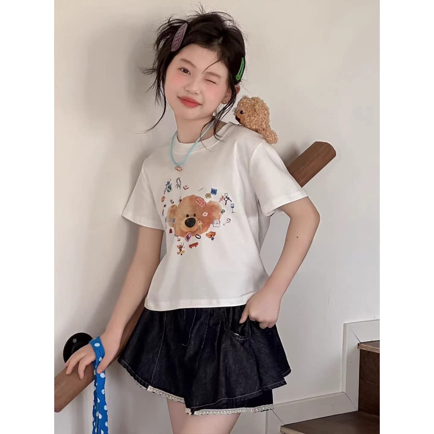 韩版童装2026夏季新款女童卡通玩偶小熊短袖女孩短款弹力T恤上衣