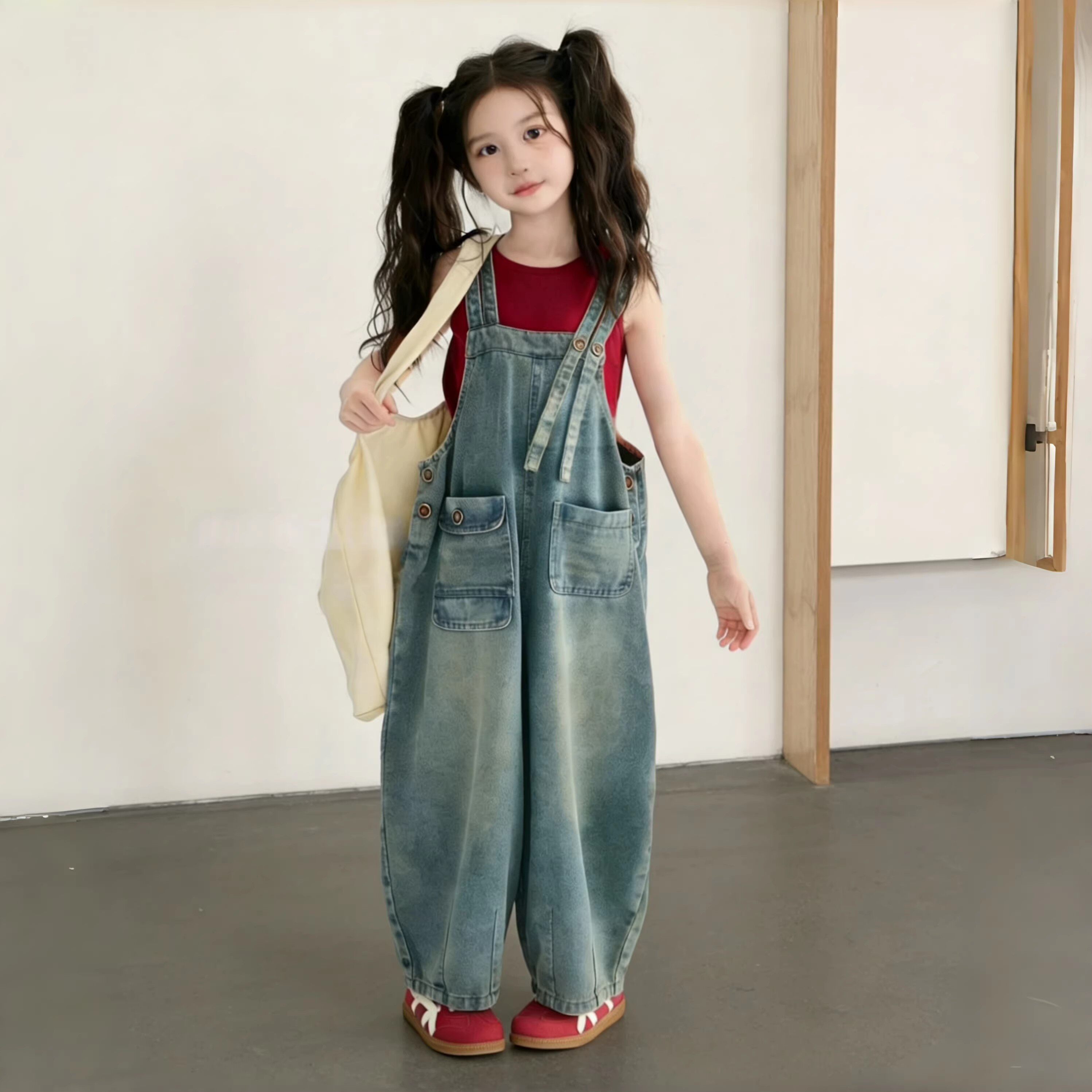 女童背带裤套装春夏2026新款韩版儿童红色无袖背心牛仔裤子两件套