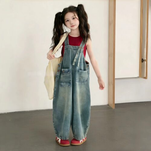 女童春夏韩版红色背心牛仔两件套