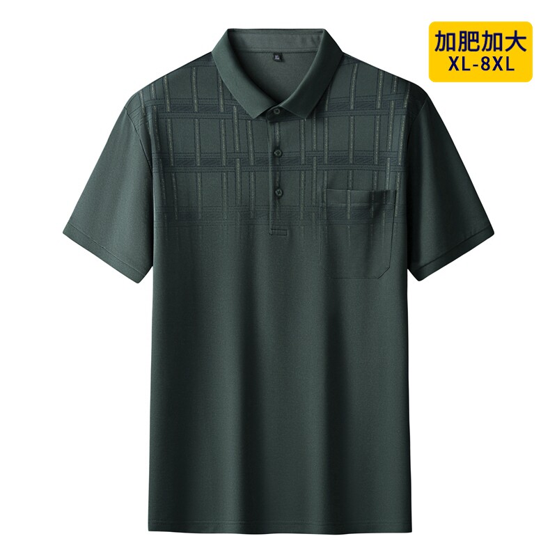 胖老头夏季短袖T恤口袋加肥加大码男装肥佬翻领商务宽松有兜中年t