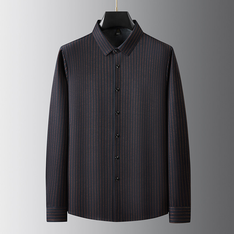 秋冬大码男加绒加厚衬衫条纹宽松休闲长袖衬衣男加肥加大保暖内搭