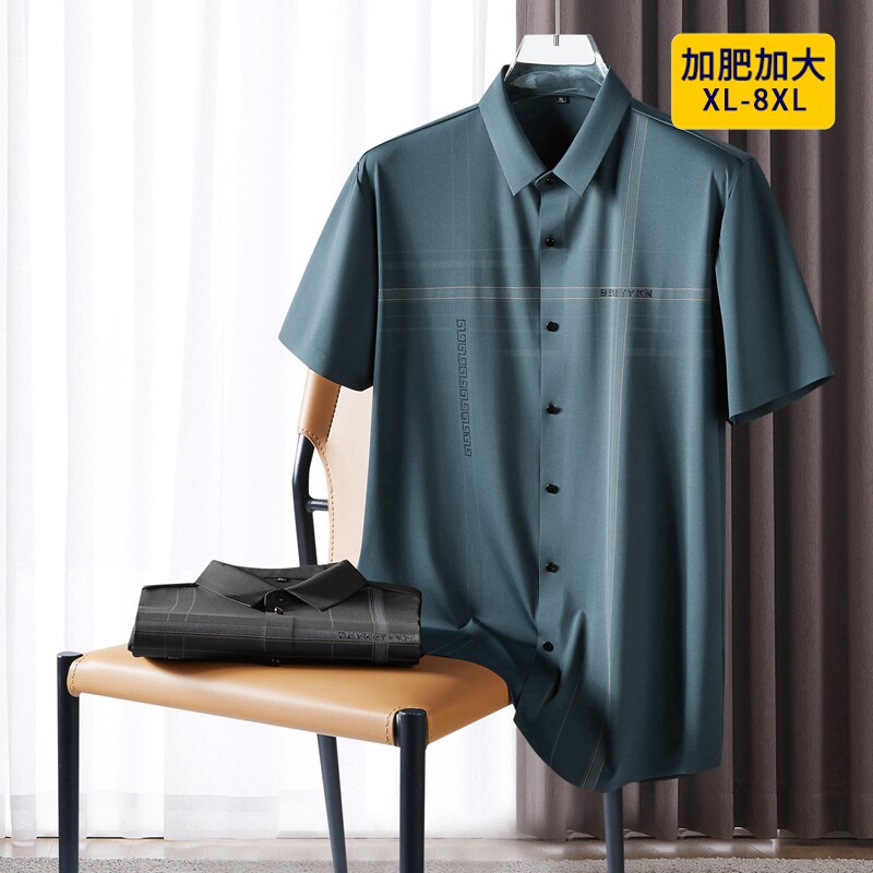 夏季新款肥佬短袖衬衫男冰丝胖子特大码潮男抗皱加肥无痕半袖衬衣
