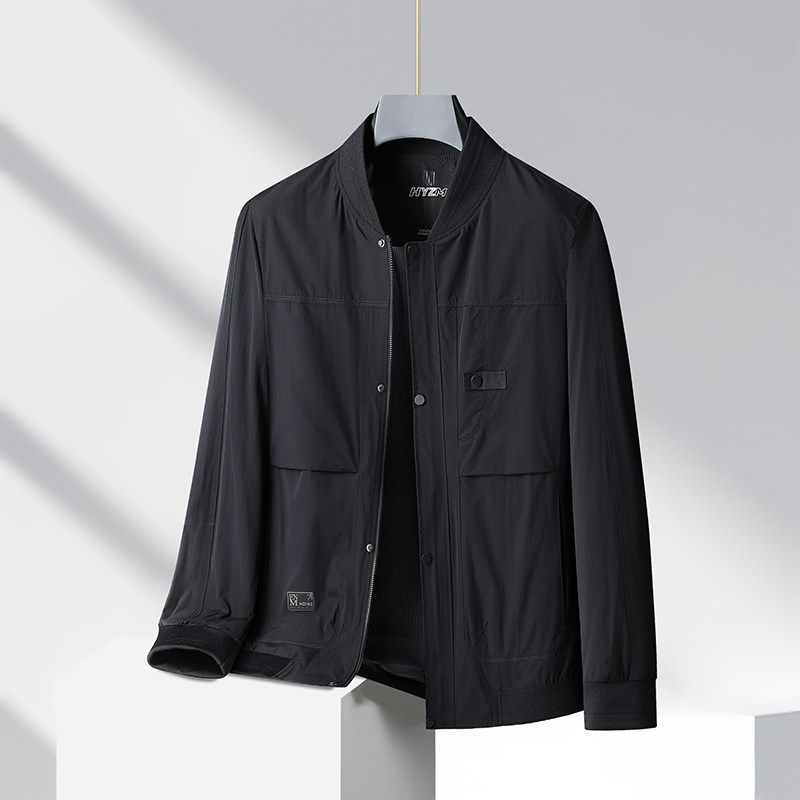 中年高端男装2025春秋新款棒球领外套男士加肥加大码宽松休闲夹克