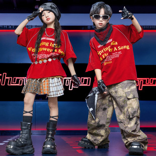 新款街舞儿童嘻哈短袖工装迷彩裤子套装男童hiphop酷炫bboy班服