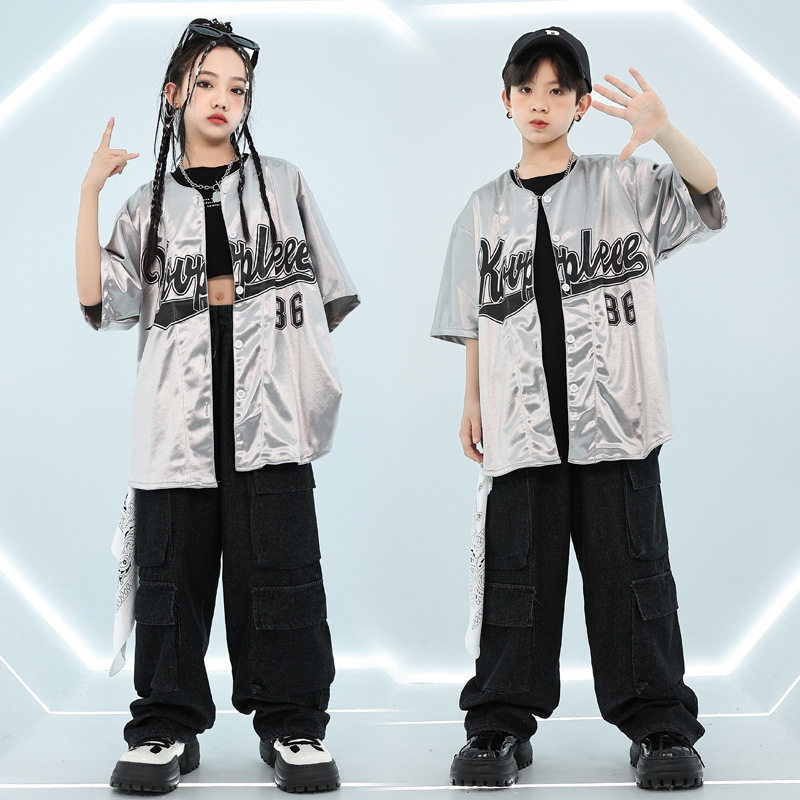 西海岸蜜丘琳街舞儿童潮服男童炸街银色短袖棒球衫潮装少儿hiphop