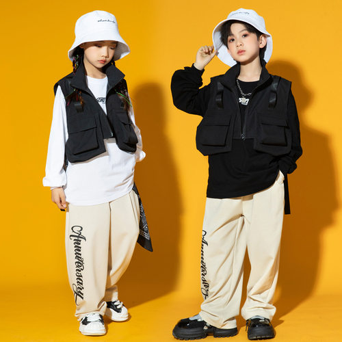 儿童街舞潮服套装popping裤子马甲卫衣长袖套装嘻哈酷炫演出服