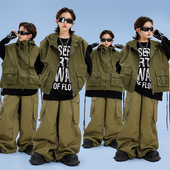 儿童街舞套装 男童嘻哈bboy走秀模特军绿迷彩马甲少儿hiphop演出服