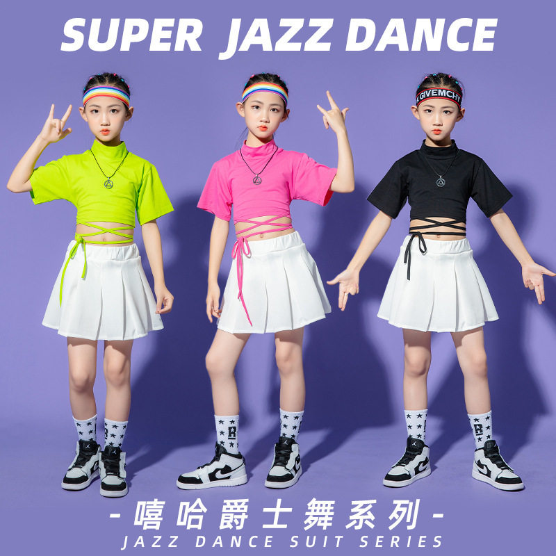 六一儿童活动演出服夏季露脐短袖T恤印字定制小白裙子套装jazz潮