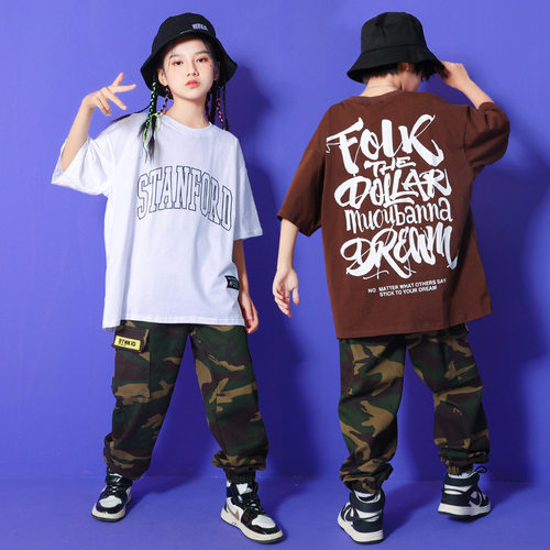 少儿童街舞演出服小学生popping迷彩裤短袖套装潮hiphop架子鼓服