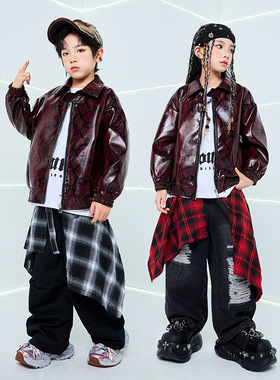 儿童街舞演出服bboy套装棕红色皮衣夹克外套秋冬男童潮少儿hiphop