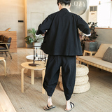 盘扣唐装风套装男中式棉麻七分袖外套电商A057-TZ13-P75，男装休闲套装，电商A057B