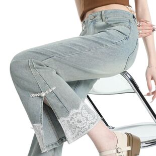 微喇牛仔裤女秋季设计感时尚矮小个子八分九分裤脚开叉花边喇叭裤