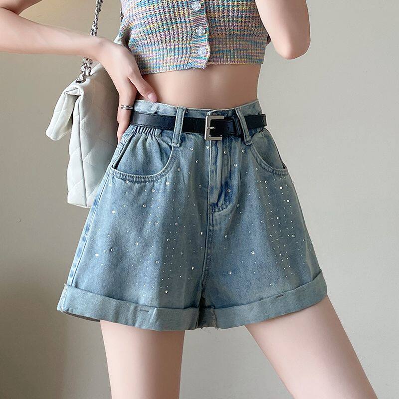 烫钻牛仔短裤女生夏季新款设计感显瘦高腰薄款卷边阔腿a字热裤子
