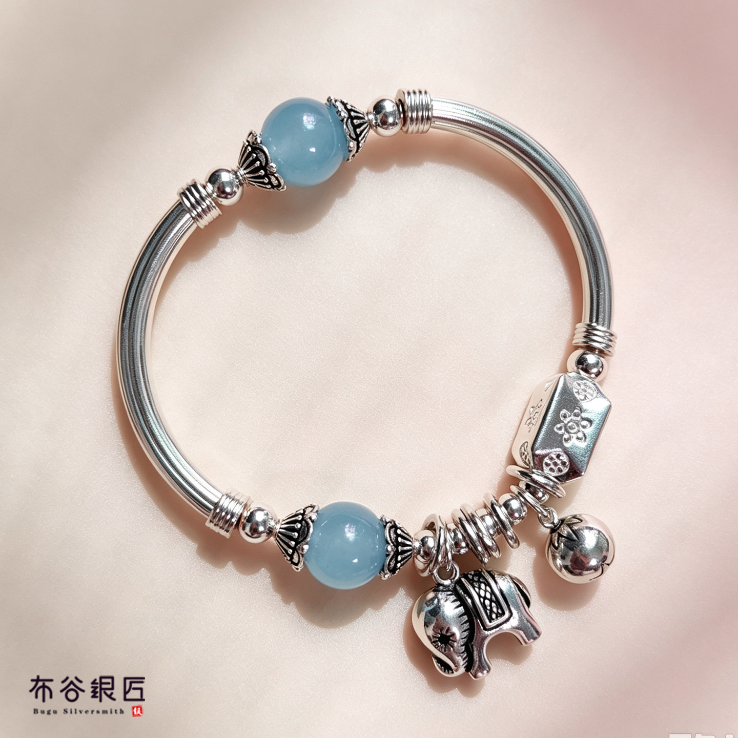 纯银海蓝宝吉象铃铛新中式手链女
