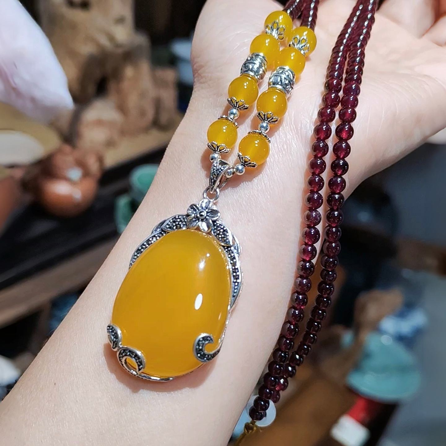 天然黄玛瑙玉髓石榴石毛衣链项链