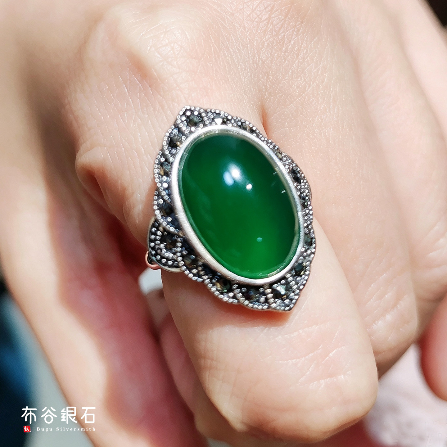 纯银镶绿玛瑙玉髓开口戒指女款