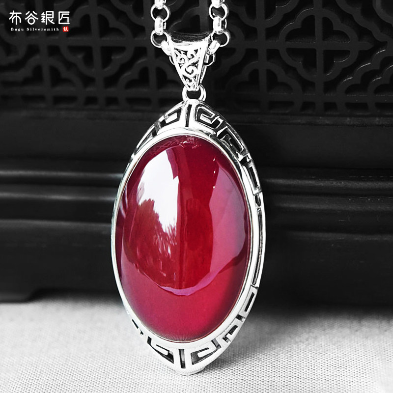民族风S925纯银红水晶吊坠女款复古宫廷中国风红刚石项坠生日礼物