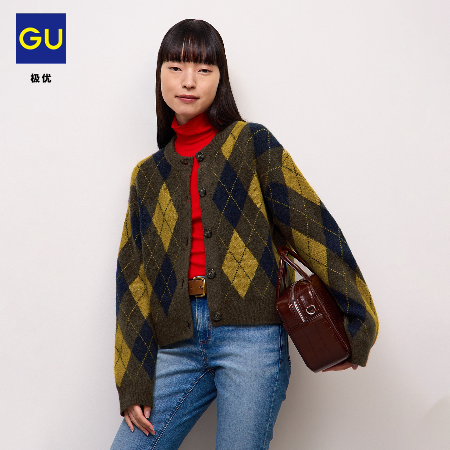 GU极优女蓬松感菱形格圆领针织开衫毛衣外套学院风2026年 B361379
