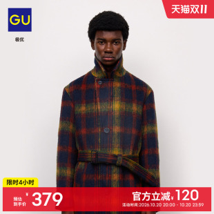 GU极优 男士格纹大衣2026秋冬毛呢外套复古宽松 361344