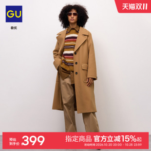 GU极优 女装麦尔登呢长款大衣2026秋冬毛呢外套大口袋 B360951