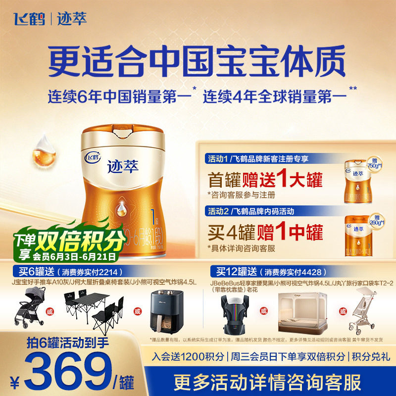 注册买1送1]飞鹤迹萃1段乳铁蛋白8HMOs婴儿配方奶粉0-6月750g1罐