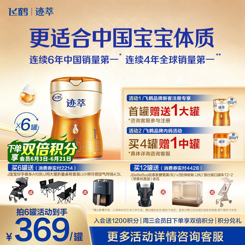 注册送1罐]飞鹤迹萃1段乳铁蛋白8HMOs婴儿配方奶粉0-6月750g*6罐