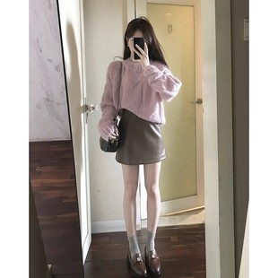 上衣 小香风圆领套头软糯粉色麻花毛衣女秋冬外穿宽松慵懒风针织衫