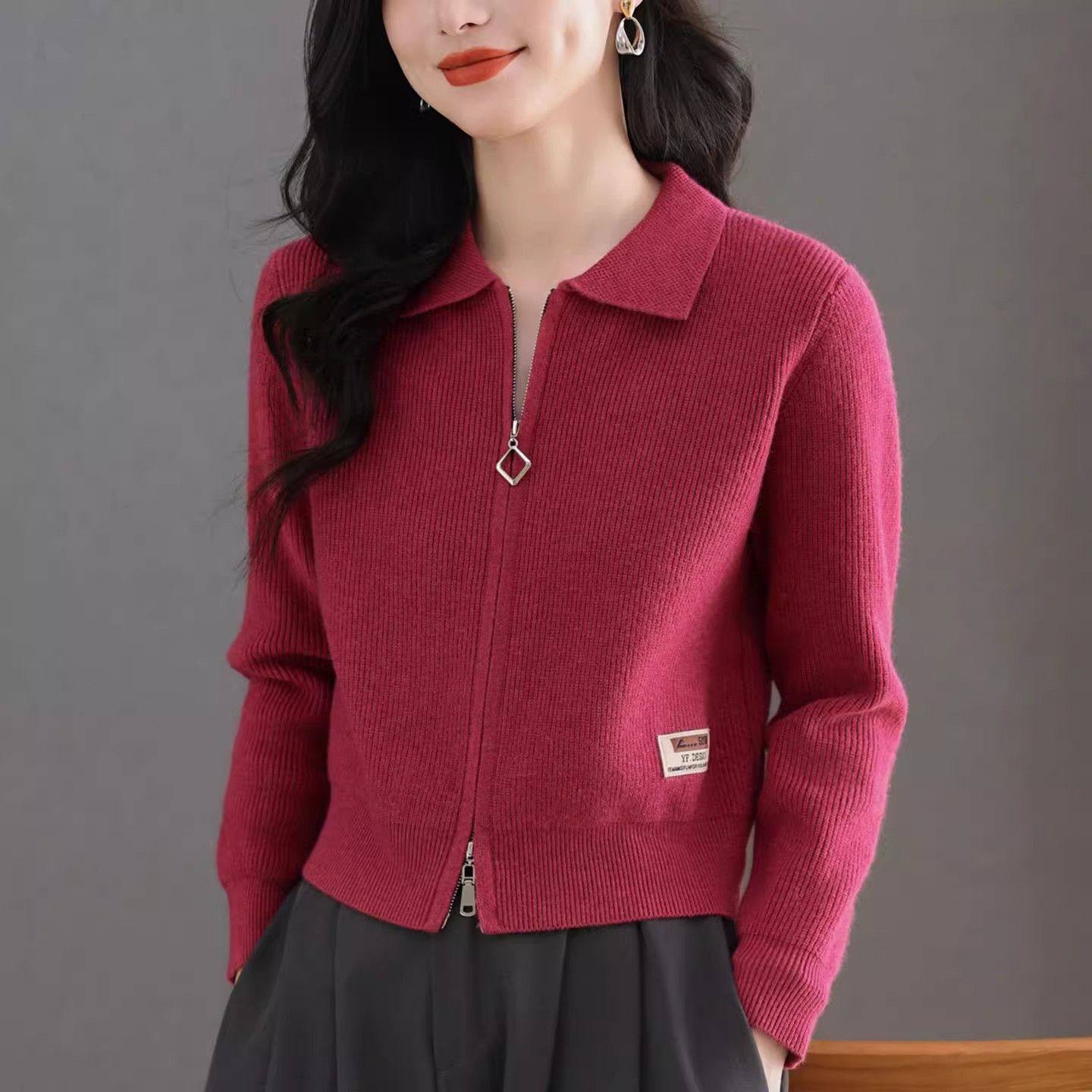 小个子翻领毛衣外套女春秋2025新款高腰上衣短款拉链外搭针织开衫,女装/女士精品,毛针织衫,淘宝优惠券,粉丝福利购,淘宝优惠卷