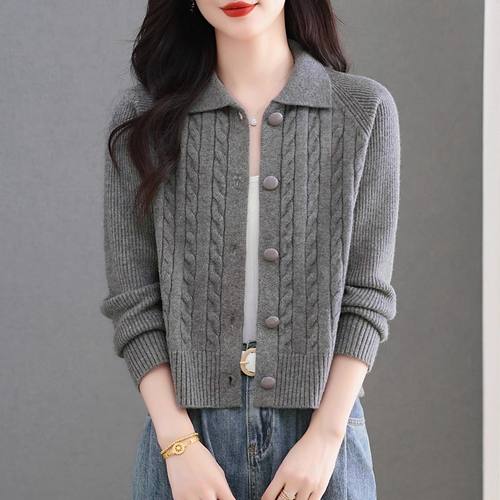 高腰短款翻领针织开衫女2025秋冬新款宽松洋气减龄小个子毛衣外套