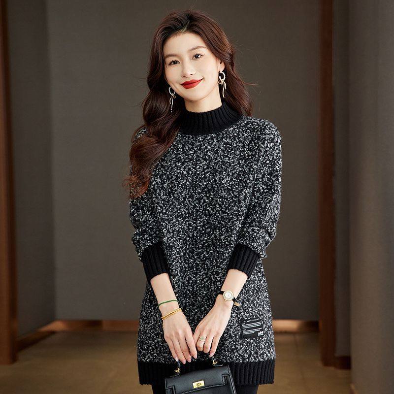 半高领毛衣女秋冬厚中长款打底衫宽松大码女装花线衣毛衣裙胖妹妹