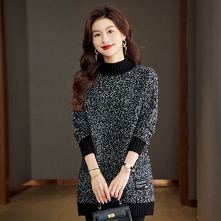 半高领毛衣女秋冬厚中长款打底衫宽松大码女装花线衣毛衣裙胖妹妹