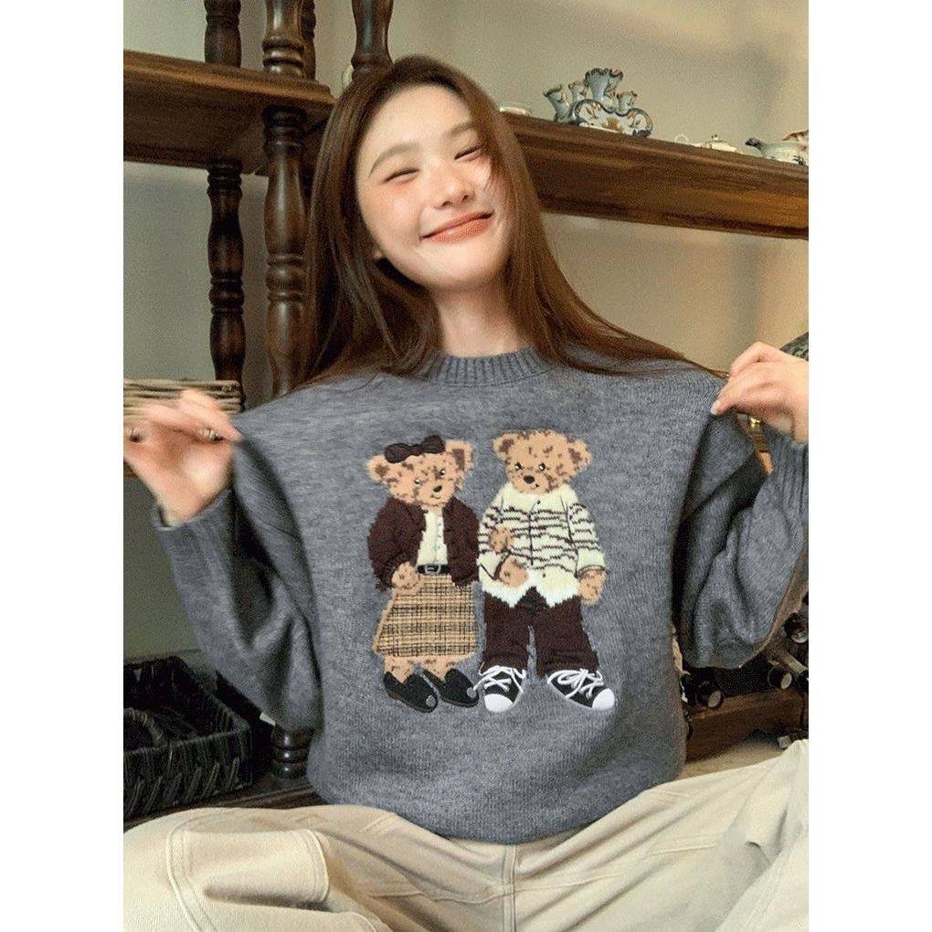 小熊毛衣女春秋新韩版卡通圣诞氛围感穿搭打底衫小个子宽松针织衫