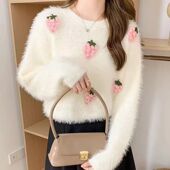 小清新钉珠水貂绒立体花朵毛衣女秋冬2025宽松高级感温柔针织上衣