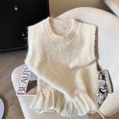 新款 韩系下摆蕾丝花边针织马甲女春秋季 叠穿坎肩小上衣 推荐 自留款