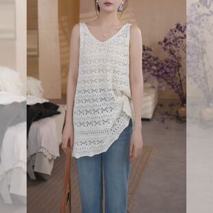镂空钩花针织马甲背心女春季中长款罩衫2026新款v领外搭叠穿上衣