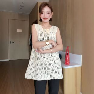 韩系针织衫春装女款2026年新款设计感镂空中长款无袖背心早春上衣