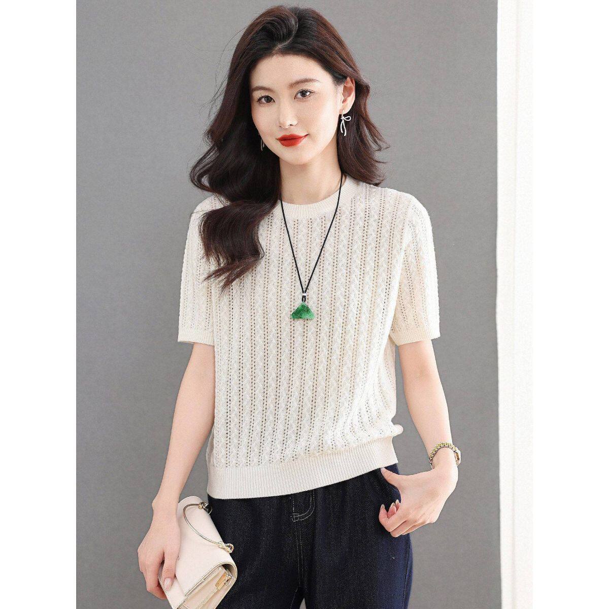 新款洋气夏装冰丝针织衫中年女气质短袖薄t恤上衣镂空时尚打底衫