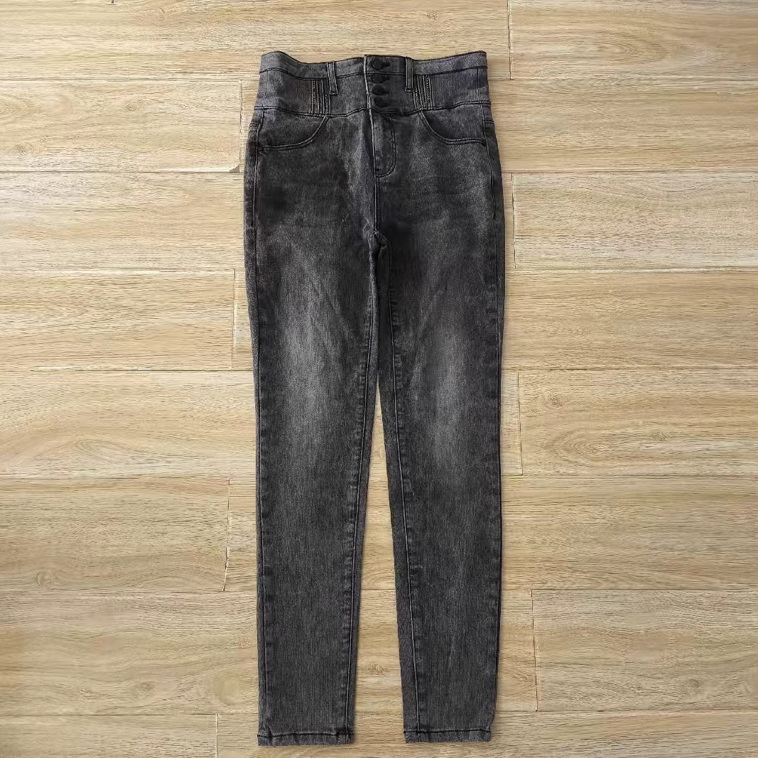 高腰四扣小脚牛仔裤弹力铅笔裤