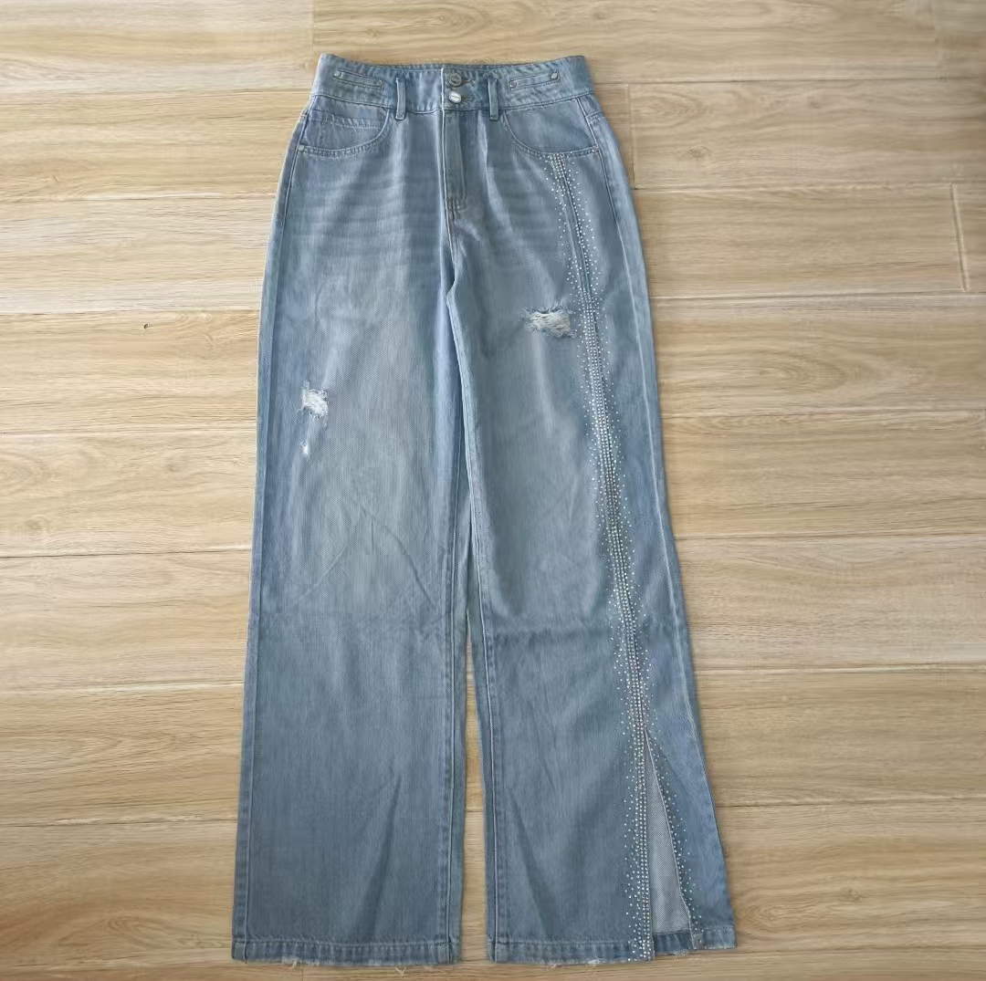 高腰开叉大直筒破洞牛仔长裤