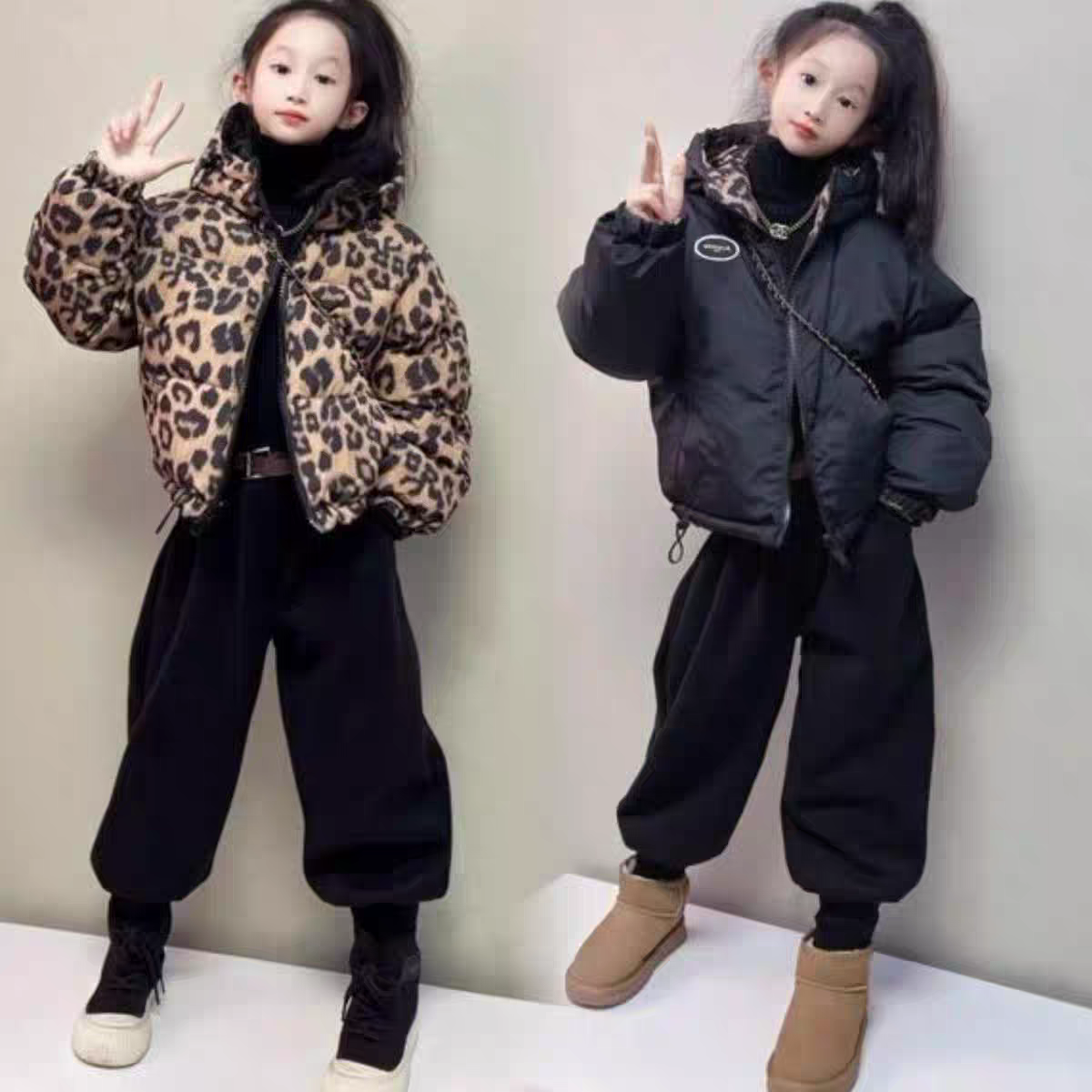 女童豹纹棉衣冬装两面穿棉袄外套