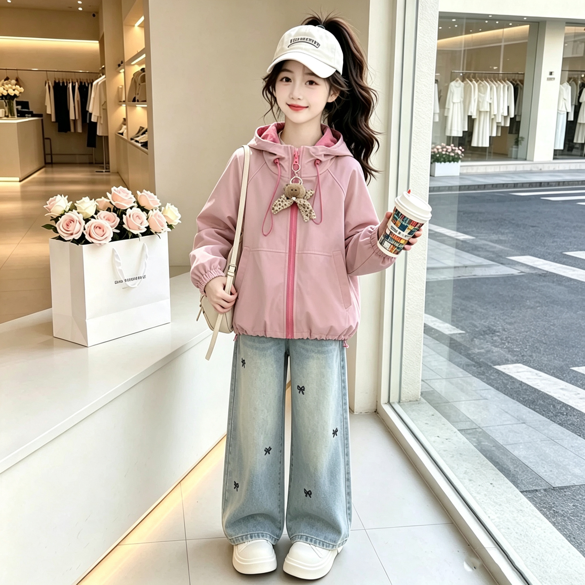 女童春秋季外套2026新款韩版洋气休闲女孩春装冲锋衣牛仔裤两件套