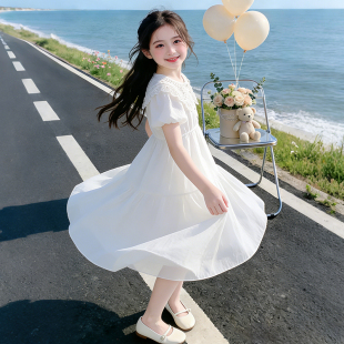 女童夏季仙女度假风白色连衣裙中大儿童夏款中长款海边裙沙滩裙子